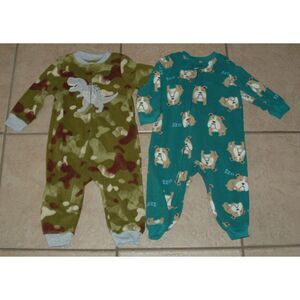 CARTER'S Boys Sz 12 Months Camo Dinosaur & Dog Print Zip Up Sleeper 2 Pc Lot